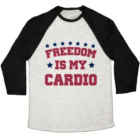 Virgin Teez  Baseball Tee Unisex Tri-Blend Baseball Tee / small / Oatmeal / Black FREEDOM IS MY CARDIO UNISEX TRI-BLEND BASEBALL TEE