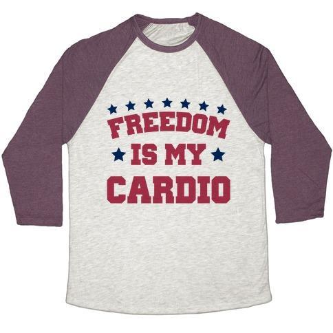 Virgin Teez  Baseball Tee Unisex Tri-Blend Baseball Tee / small / Oatmeal / Maroon FREEDOM IS MY CARDIO UNISEX TRI-BLEND BASEBALL TEE