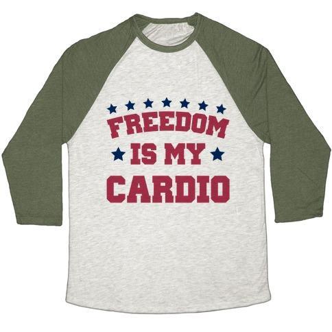 Virgin Teez  Baseball Tee Unisex Tri-Blend Baseball Tee / small / Oatmeal / Moss FREEDOM IS MY CARDIO UNISEX TRI-BLEND BASEBALL TEE
