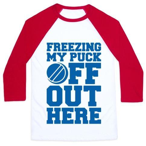 Virgin Teez  Baseball Tee Unisex Classic Baseball Tee / x-small / White/Red FREEZING MY PUCK OFF UNISEX CLASSIC BASEBALL TEE