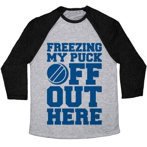 Virgin Teez  Baseball Tee Unisex Tri-Blend Baseball Tee / small / Athletic Gray / Black FREEZING MY PUCK OFF UNISEX TRI-BLEND BASEBALL TEE