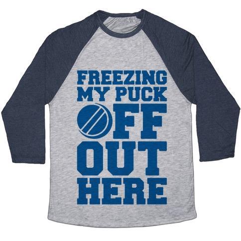 Virgin Teez  Baseball Tee Unisex Tri-Blend Baseball Tee / small / Athletic Gray / Navy FREEZING MY PUCK OFF UNISEX TRI-BLEND BASEBALL TEE