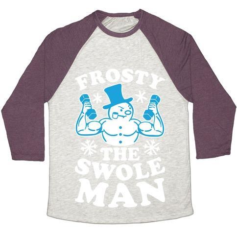 Virgin Teez  Baseball Tee Unisex Tri-Blend Baseball Tee / small / Oatmeal / Maroon FROSTY THE SWOLEMAN UNISEX TRI-BLEND BASEBALL TEE