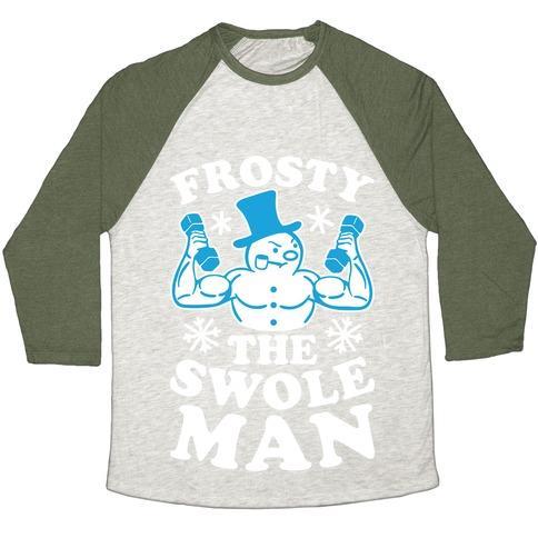 Virgin Teez  Baseball Tee Unisex Tri-Blend Baseball Tee / small / Oatmeal / Moss FROSTY THE SWOLEMAN UNISEX TRI-BLEND BASEBALL TEE