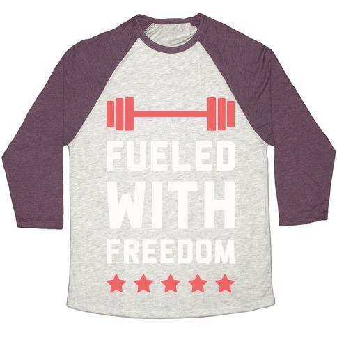 Virgin Teez  Baseball Tee Unisex Tri-Blend Baseball Tee / small / Oatmeal / Maroon FUELED WITH FREEDOM UNISEX TRI-BLEND BASEBALL TEE