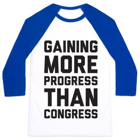 Virgin Teez  Baseball Tee Unisex Classic Baseball Tee / x-small / White/Blue GAINING MORE PROGRESS THAN CONGRESS UNISEX CLASSIC BASEBALL TEE