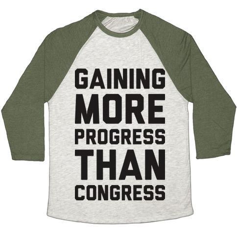 Virgin Teez  Baseball Tee Unisex Tri-Blend Baseball Tee / small / Oatmeal / Moss GAINING MORE PROGRESS THAN CONGRESS UNISEX TRI-BLEND BASEBALL TEE