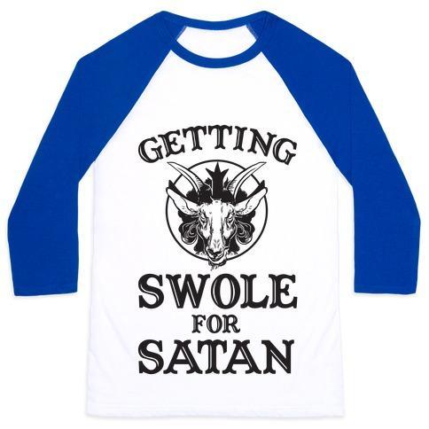 Virgin Teez  Baseball Tee Unisex Classic Baseball Tee / x-small / White/Blue GAINING SWOLES FOR SATAN UNISEX CLASSIC BASEBALL TEE