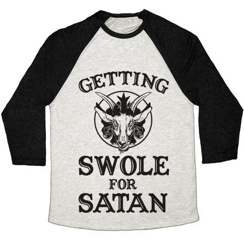 Virgin Teez  Baseball Tee Unisex Tri-Blend Baseball Tee / small / Oatmeal / Black GAINING SWOLES FOR SATAN UNISEX TRI-BLEND BASEBALL TEE