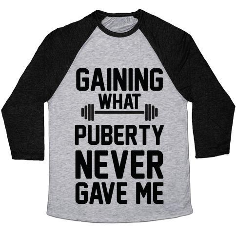 Virgin Teez  Baseball Tee Unisex Tri-Blend Baseball Tee / small / Athletic Gray / Black GAINING WHAT PUBERTY NEVER GAVE ME UNISEX TRI-BLEND BASEBALL TEE