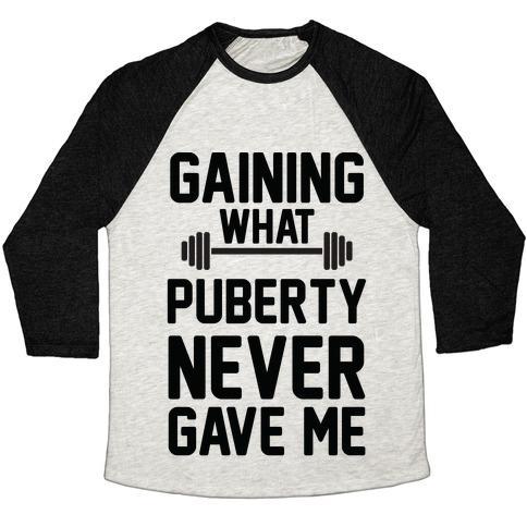 Virgin Teez  Baseball Tee Unisex Tri-Blend Baseball Tee / small / Oatmeal / Black GAINING WHAT PUBERTY NEVER GAVE ME UNISEX TRI-BLEND BASEBALL TEE