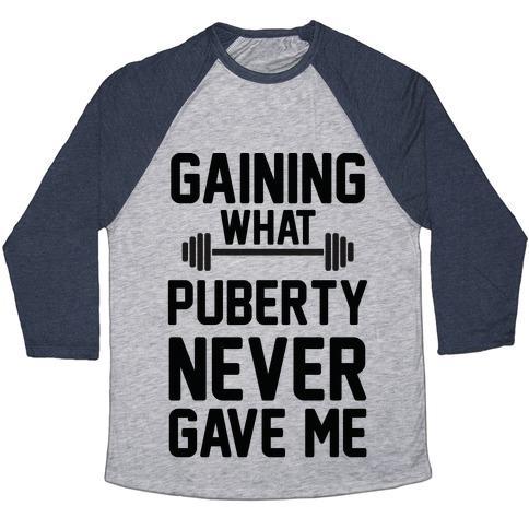 Virgin Teez  Baseball Tee Unisex Tri-Blend Baseball Tee / small / Athletic Gray / Navy GAINING WHAT PUBERTY NEVER GAVE ME UNISEX TRI-BLEND BASEBALL TEE