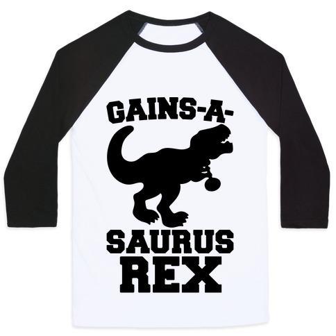 Virgin Teez  Baseball Tee Unisex Classic Baseball Tee / x-small / White/Black GAINS-A-SAURUS REX PARODY UNISEX CLASSIC BASEBALL TEE