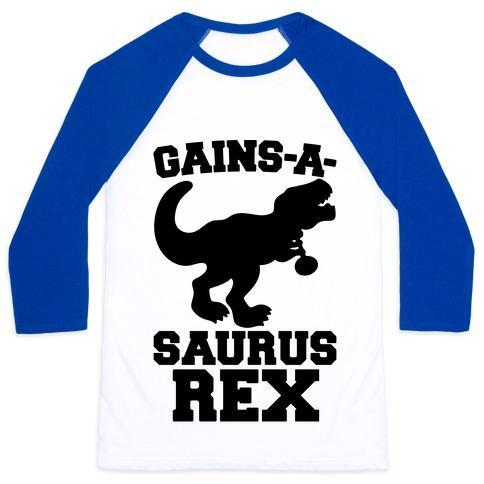 Virgin Teez  Baseball Tee Unisex Classic Baseball Tee / x-small / White/Blue GAINS-A-SAURUS REX PARODY UNISEX CLASSIC BASEBALL TEE