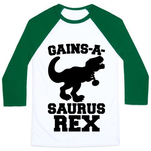 Virgin Teez  Baseball Tee Unisex Classic Baseball Tee / x-small / White/Dark Green GAINS-A-SAURUS REX PARODY UNISEX CLASSIC BASEBALL TEE