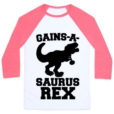Virgin Teez  Baseball Tee Unisex Classic Baseball Tee / x-small / White/Neon Pink GAINS-A-SAURUS REX PARODY UNISEX CLASSIC BASEBALL TEE