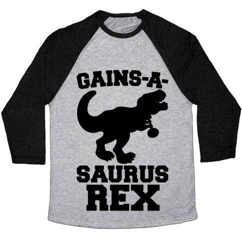 Virgin Teez  Baseball Tee Unisex Tri-Blend Baseball Tee / small / Athletic Gray / Black GAINS-A-SAURUS REX PARODY UNISEX TRI-BLEND BASEBALL TEE