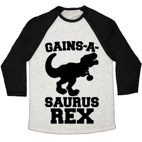 Virgin Teez  Baseball Tee Unisex Tri-Blend Baseball Tee / small / Oatmeal / Black GAINS-A-SAURUS REX PARODY UNISEX TRI-BLEND BASEBALL TEE