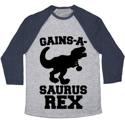 Virgin Teez  Baseball Tee Unisex Tri-Blend Baseball Tee / small / Athletic Gray / Navy GAINS-A-SAURUS REX PARODY UNISEX TRI-BLEND BASEBALL TEE