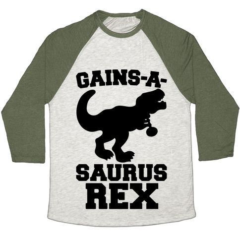 Virgin Teez  Baseball Tee Unisex Tri-Blend Baseball Tee / small / Oatmeal / Moss GAINS-A-SAURUS REX PARODY UNISEX TRI-BLEND BASEBALL TEE