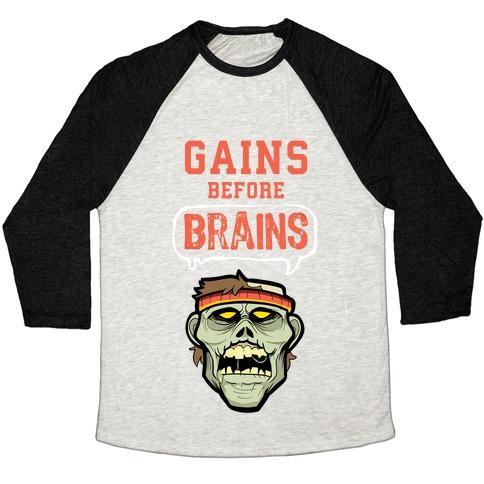 Virgin Teez  Baseball Tee Unisex Tri-Blend Baseball Tee / small / Oatmeal / Black GAINS BEFORE BRAINS! UNISEX TRI-BLEND BASEBALL TEE