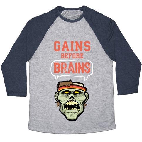 Virgin Teez  Baseball Tee Unisex Tri-Blend Baseball Tee / small / Athletic Gray / Navy GAINS BEFORE BRAINS! UNISEX TRI-BLEND BASEBALL TEE