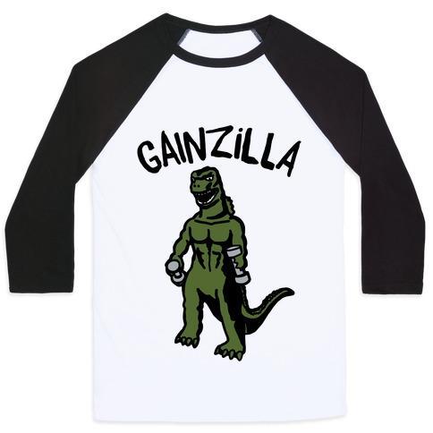 Virgin Teez  Baseball Tee Unisex Classic Baseball Tee / x-small / White/Black GAINZILLA LIFTING PARODY UNISEX CLASSIC BASEBALL TEE