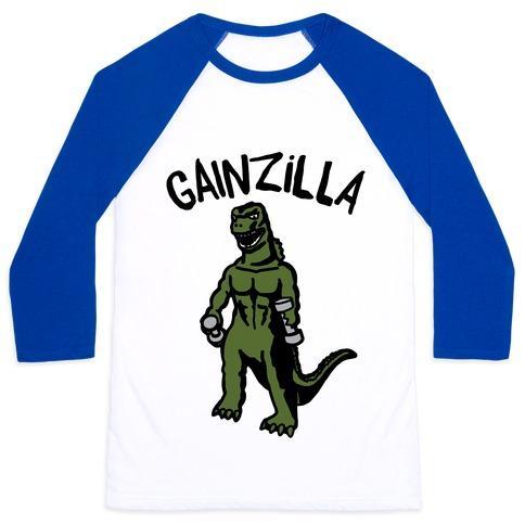 Virgin Teez  Baseball Tee Unisex Classic Baseball Tee / x-small / White/Blue GAINZILLA LIFTING PARODY UNISEX CLASSIC BASEBALL TEE