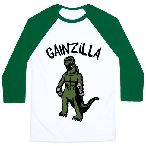 Virgin Teez  Baseball Tee Unisex Classic Baseball Tee / x-small / White/Dark Green GAINZILLA LIFTING PARODY UNISEX CLASSIC BASEBALL TEE