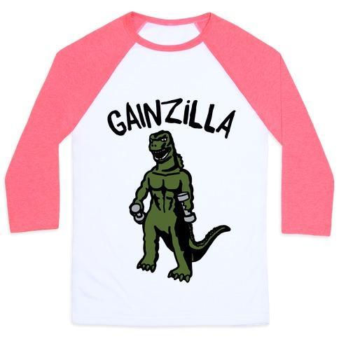 Virgin Teez  Baseball Tee Unisex Classic Baseball Tee / x-small / White/Neon Pink GAINZILLA LIFTING PARODY UNISEX CLASSIC BASEBALL TEE