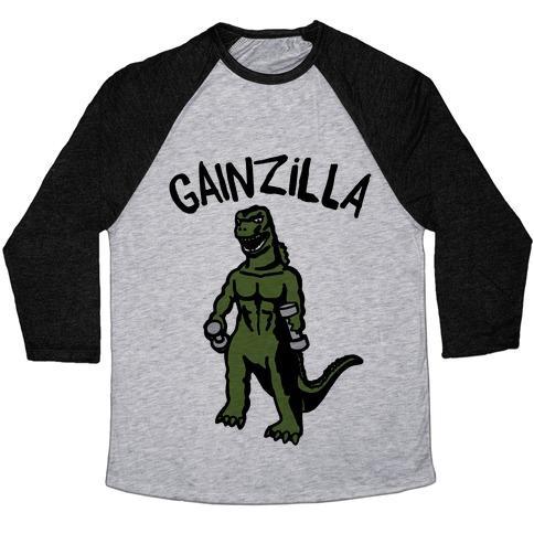 Virgin Teez  Baseball Tee Unisex Tri-Blend Baseball Tee / small / Athletic Gray / Black GAINZILLA LIFTING PARODY UNISEX TRI-BLEND BASEBALL TEE