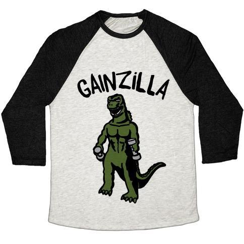 Virgin Teez  Baseball Tee Unisex Tri-Blend Baseball Tee / small / Oatmeal / Black GAINZILLA LIFTING PARODY UNISEX TRI-BLEND BASEBALL TEE