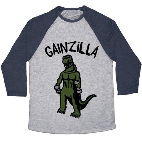 Virgin Teez  Baseball Tee Unisex Tri-Blend Baseball Tee / small / Athletic Gray / Navy GAINZILLA LIFTING PARODY UNISEX TRI-BLEND BASEBALL TEE