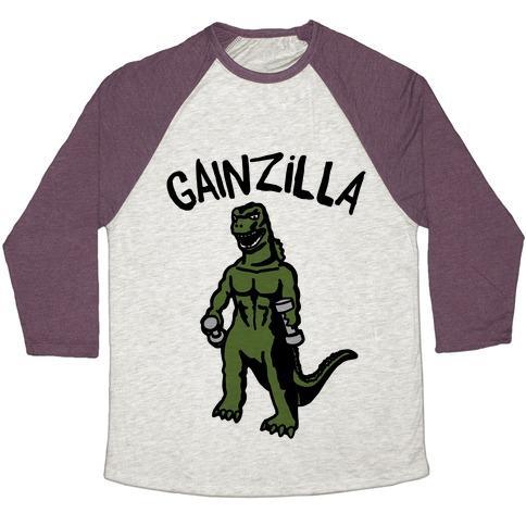 Virgin Teez  Baseball Tee Unisex Tri-Blend Baseball Tee / small / Oatmeal / Maroon GAINZILLA LIFTING PARODY UNISEX TRI-BLEND BASEBALL TEE