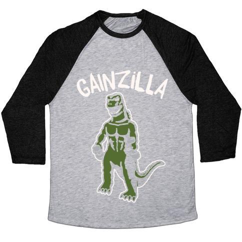 Virgin Teez  Baseball Tee Unisex Tri-Blend Baseball Tee / small / Athletic Gray / Black GAINZILLA LIFTING PARODY WHITE PRINT UNISEX TRI-BLEND BASEBALL TEE