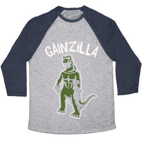 Virgin Teez  Baseball Tee Unisex Tri-Blend Baseball Tee / small / Athletic Gray / Navy GAINZILLA LIFTING PARODY WHITE PRINT UNISEX TRI-BLEND BASEBALL TEE