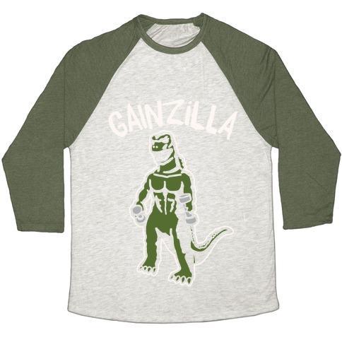 Virgin Teez  Baseball Tee Unisex Tri-Blend Baseball Tee / small / Oatmeal / Moss GAINZILLA LIFTING PARODY WHITE PRINT UNISEX TRI-BLEND BASEBALL TEE