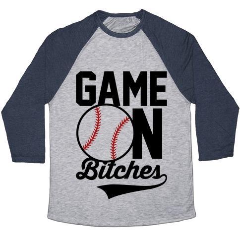 Virgin Teez  Baseball Tee Unisex Tri-Blend Baseball Tee / small / Athletic Gray / Navy GAME ON BITCHES BASEBALL UNISEX TRI-BLEND BASEBALL TEE
