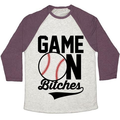 Virgin Teez  Baseball Tee Unisex Tri-Blend Baseball Tee / small / Oatmeal / Maroon GAME ON BITCHES BASEBALL UNISEX TRI-BLEND BASEBALL TEE