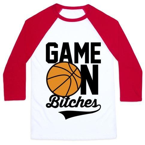 Virgin Teez  Baseball Tee Unisex Classic Baseball Tee / x-small / White/Red GAME ON BITCHES BASKETBALL UNISEX CLASSIC BASEBALL TEE