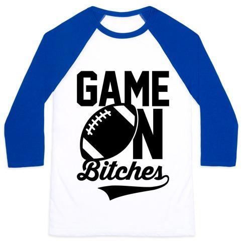 Virgin Teez  Baseball Tee Unisex Classic Baseball Tee / x-small / White/Blue GAME ON BITCHES FOOTBALL UNISEX CLASSIC BASEBALL TEE