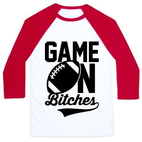 Virgin Teez  Baseball Tee Unisex Classic Baseball Tee / x-small / White/Red GAME ON BITCHES FOOTBALL UNISEX CLASSIC BASEBALL TEE