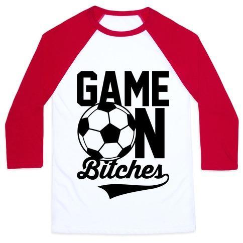 Virgin Teez  Baseball Tee Unisex Classic Baseball Tee / x-small / White/Red GAME ON BITCHES SOCCER UNISEX CLASSIC BASEBALL TEE
