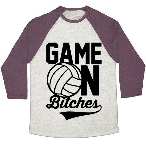 Virgin Teez  Baseball Tee Unisex Tri-Blend Baseball Tee / small / Oatmeal / Maroon GAME ON BITCHES VOLLEYBALL UNISEX TRI-BLEND BASEBALL TEE