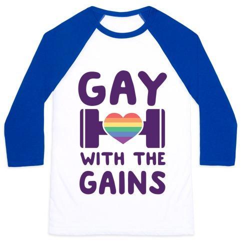 Virgin Teez  Baseball Tee Unisex Classic Baseball Tee / x-small / White/Blue GAY WITH THE GAINS UNISEX CLASSIC BASEBALL TEE
