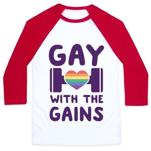 Virgin Teez  Baseball Tee Unisex Classic Baseball Tee / x-small / White/Red GAY WITH THE GAINS UNISEX CLASSIC BASEBALL TEE