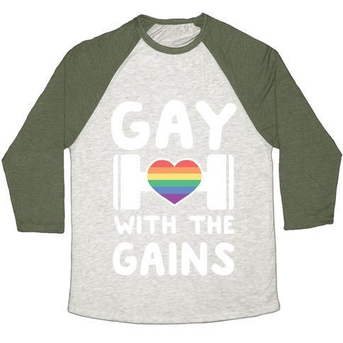 Virgin Teez  Baseball Tee Unisex Tri-Blend Baseball Tee / small / Oatmeal / Moss GAY WITH THE GAINS UNISEX TRI-BLEND BASEBALL TEE