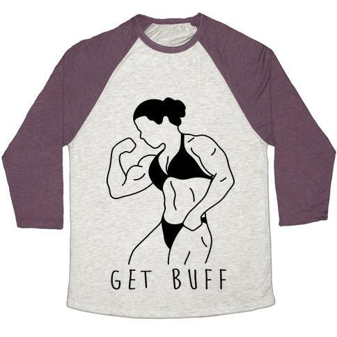 Virgin Teez  Baseball Tee Unisex Tri-Blend Baseball Tee / small / Oatmeal / Maroon GET BUFF UNISEX TRI-BLEND BASEBALL TEE