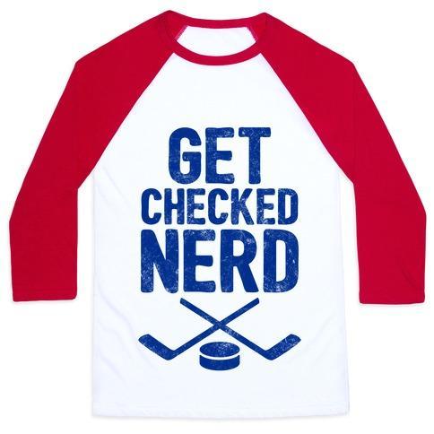 Virgin Teez  Baseball Tee Unisex Classic Baseball Tee / x-small / White/Red GET CHECKED NERD UNISEX CLASSIC BASEBALL TEE