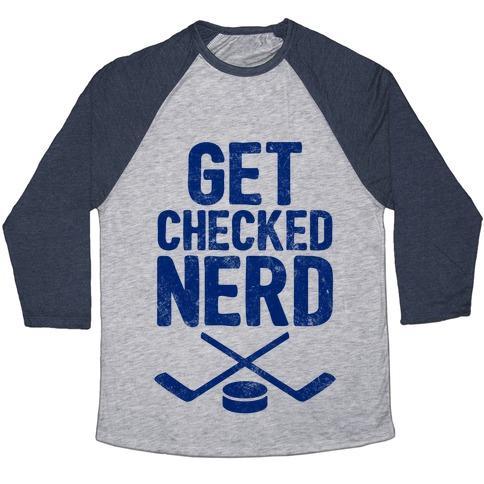 Virgin Teez  Baseball Tee Unisex Tri-Blend Baseball Tee / small / Athletic Gray / Navy GET CHECKED NERD UNISEX TRI-BLEND BASEBALL TEE